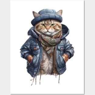 cute street cat wearing a leather jacket and hat Posters and Art